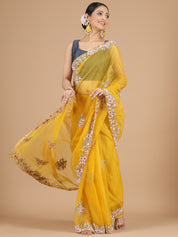 Mustard Yellow Embroidered Organza Saree