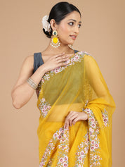 Mustard Yellow Embroidered Organza Saree