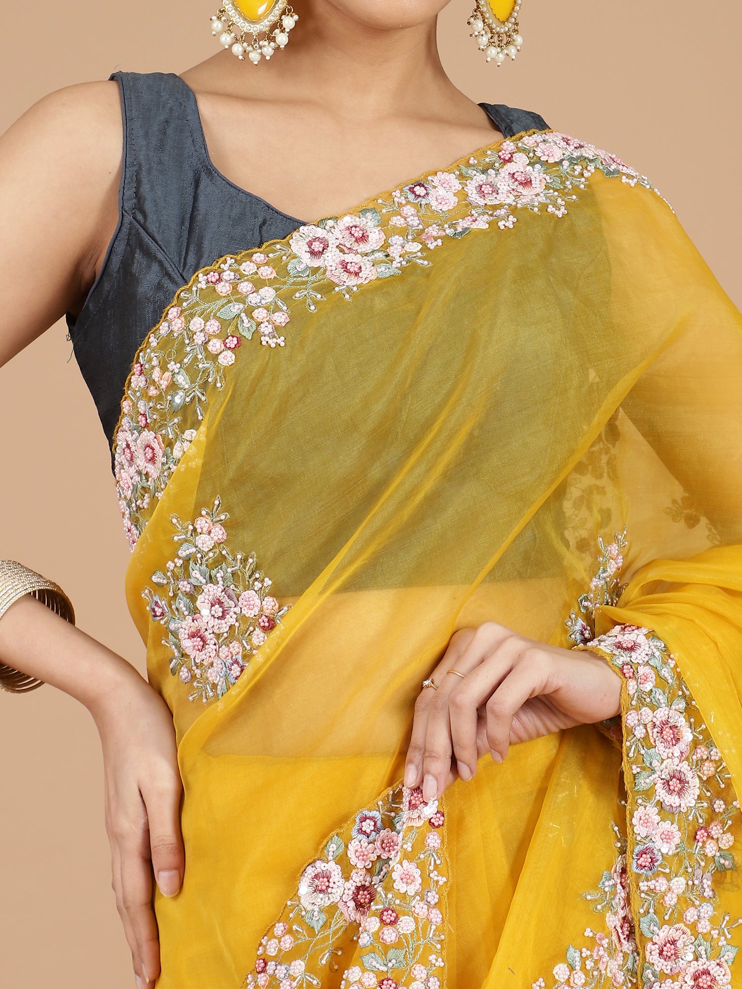 Mustard Yellow Embroidered Organza Saree