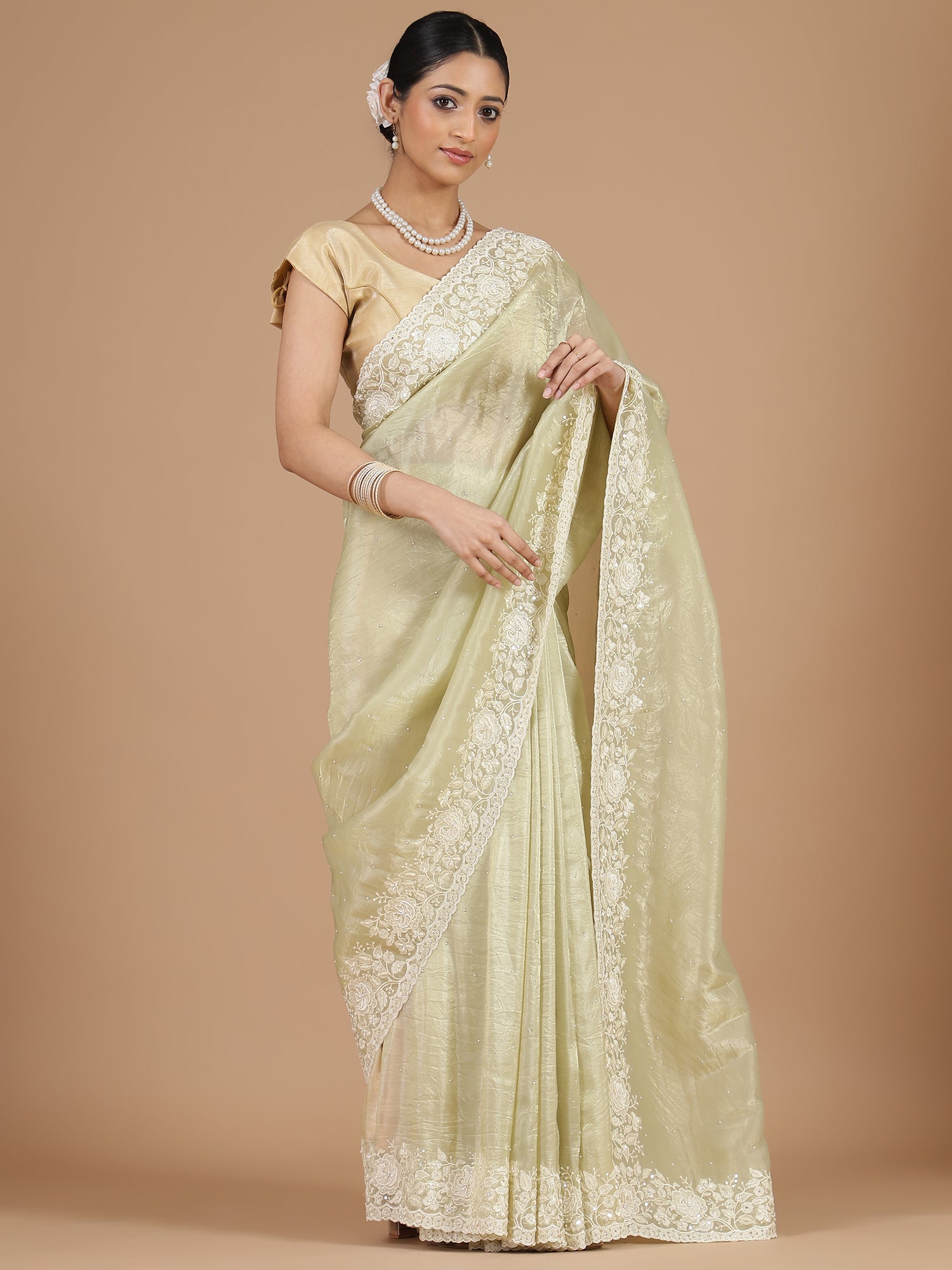 Light Green Crush Tissue Saree with Floral Border Embroidery