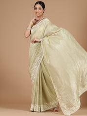 Light Green Crush Tissue Saree with Floral Border Embroidery