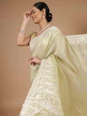 Light Green Crush Tissue Saree with Floral Border Embroidery