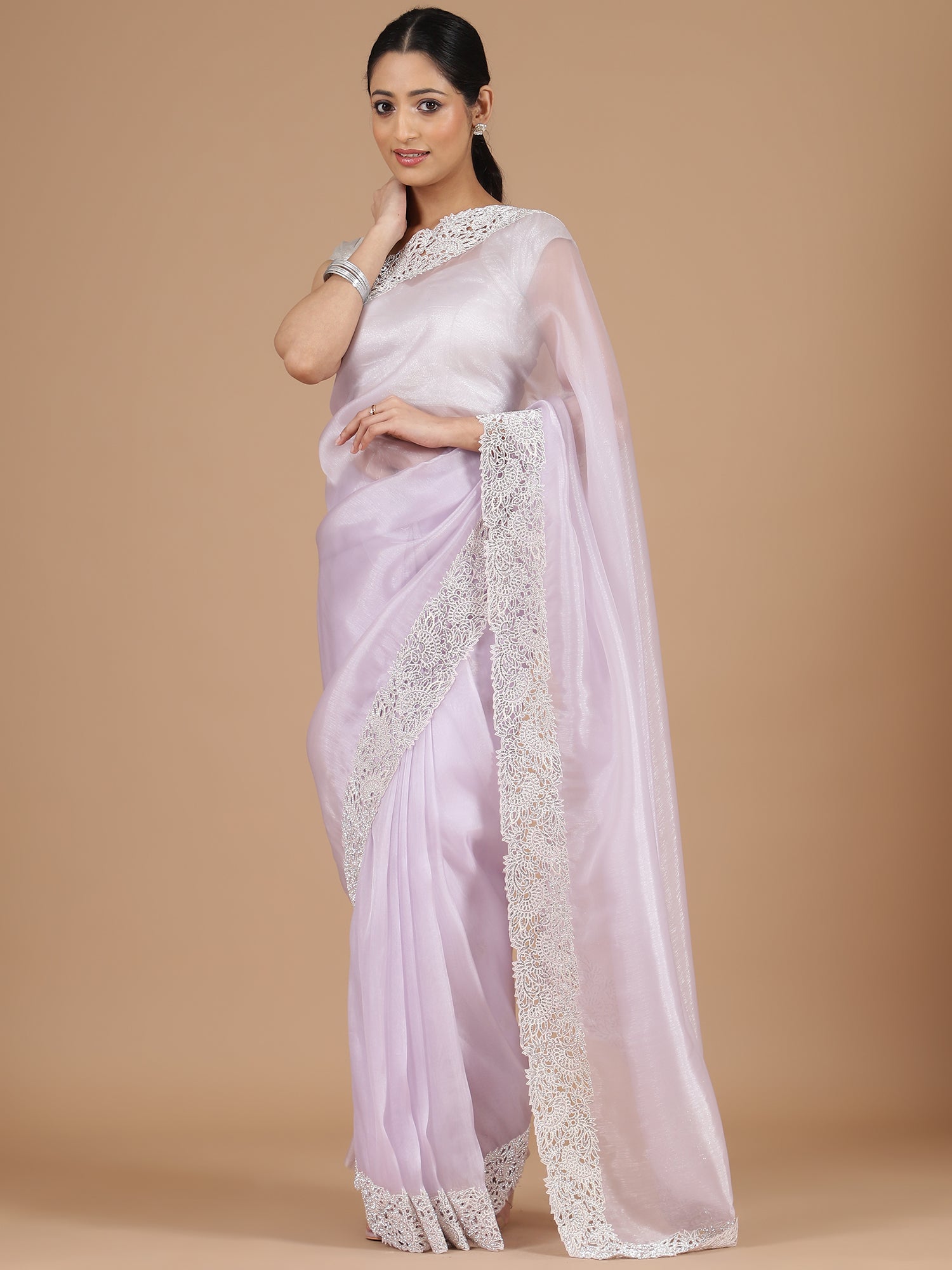 Lavender Organza Saree with Intricate Cutwork Border Embroidery