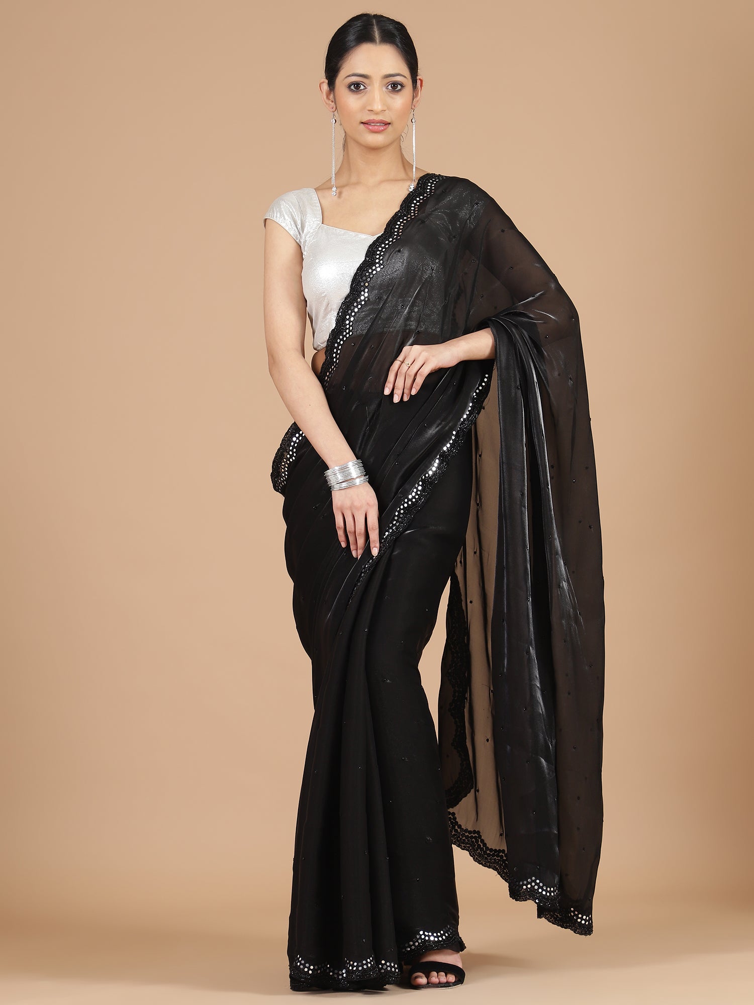 Black Glass Organza Saree with Scallop Mirror Embroidery