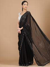 Black Glass Organza Saree with Scallop Mirror Embroidery