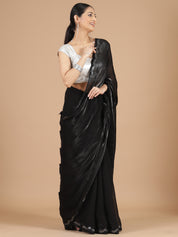 Black Glass Organza Saree with Scallop Mirror Embroidery