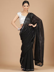 Black Glass Organza Saree with Scallop Mirror Embroidery