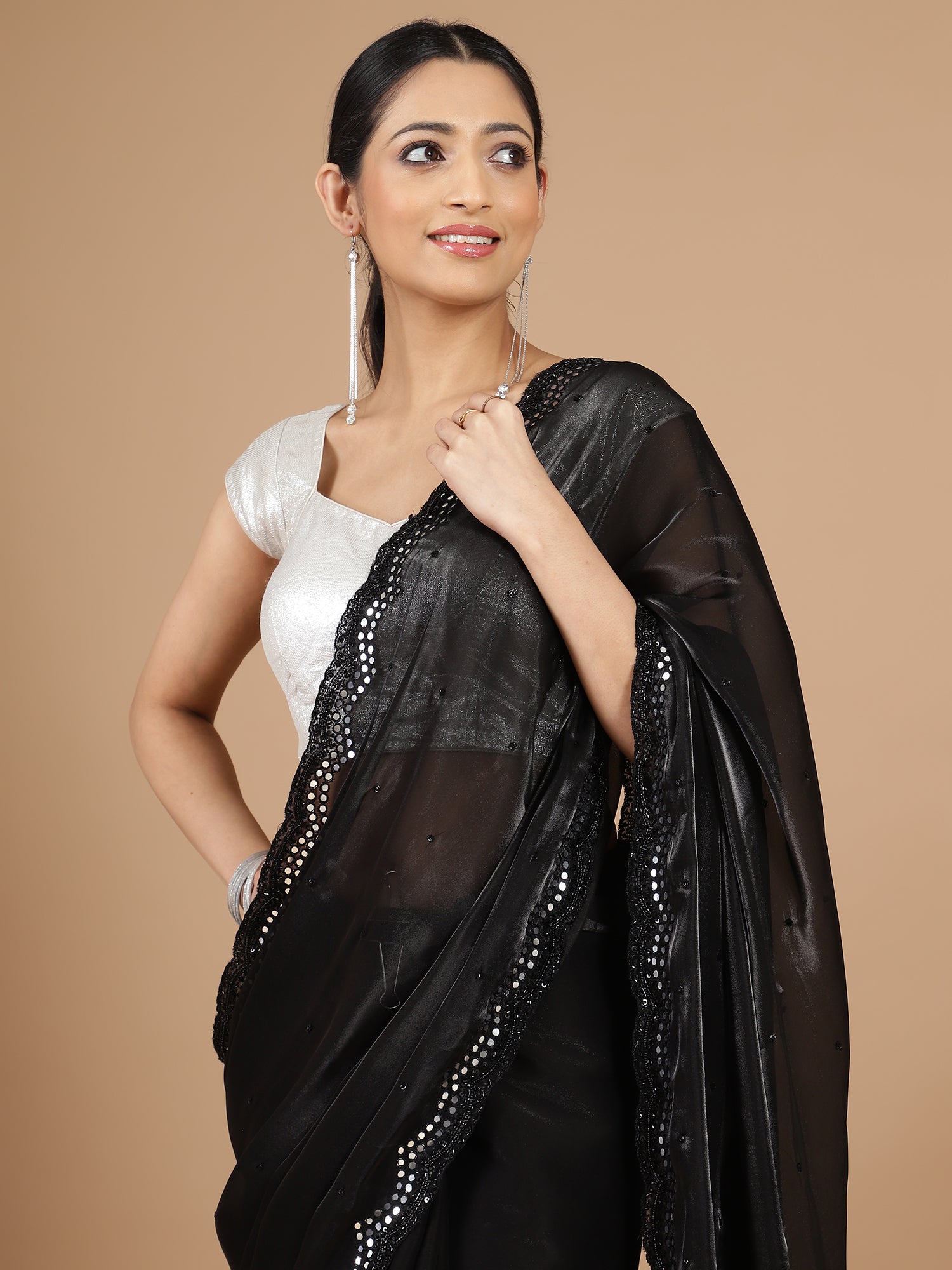 Black Glass Organza Saree with Scallop Mirror Embroidery