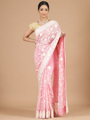 Pink Georgette Saree with Floral Embroidery