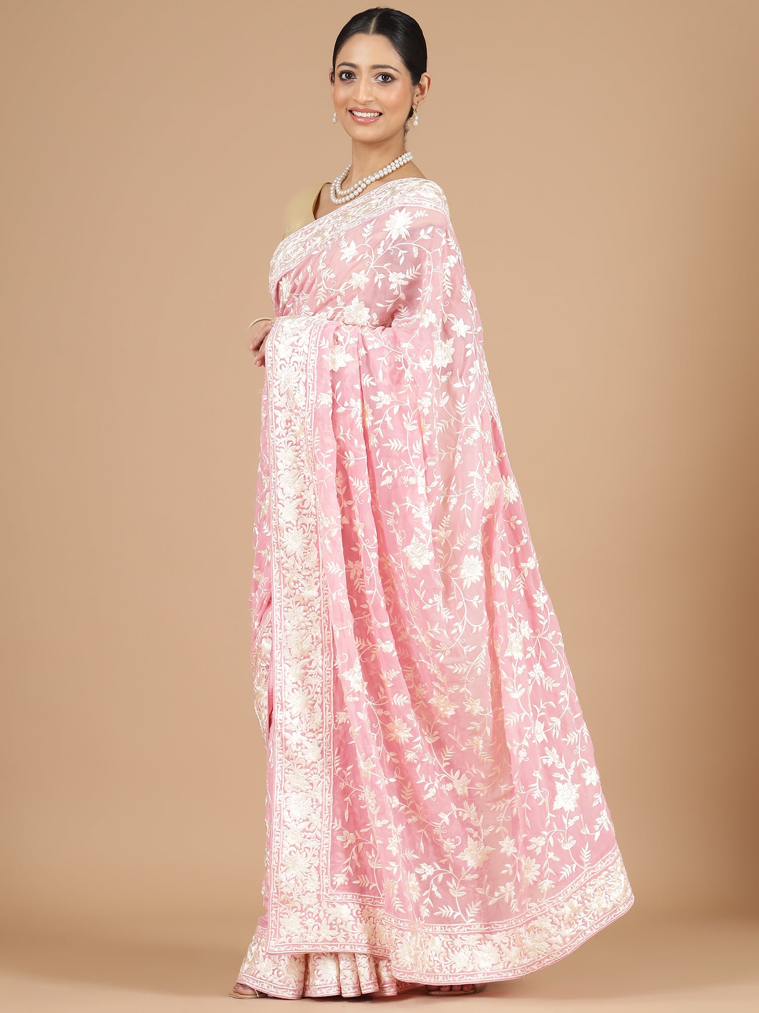 Pink Georgette Saree with Floral Embroidery