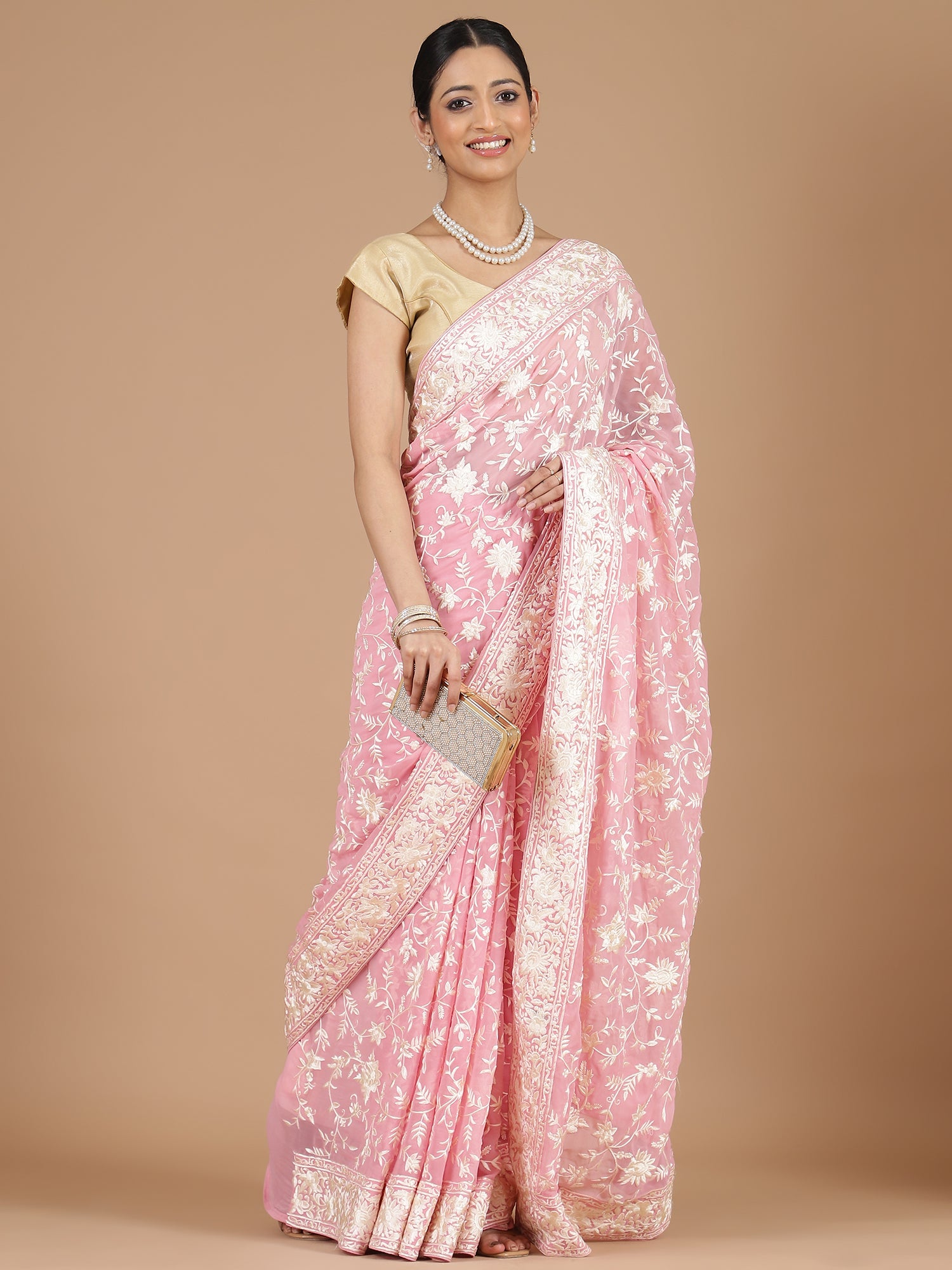 Pink Georgette Saree with Floral Embroidery