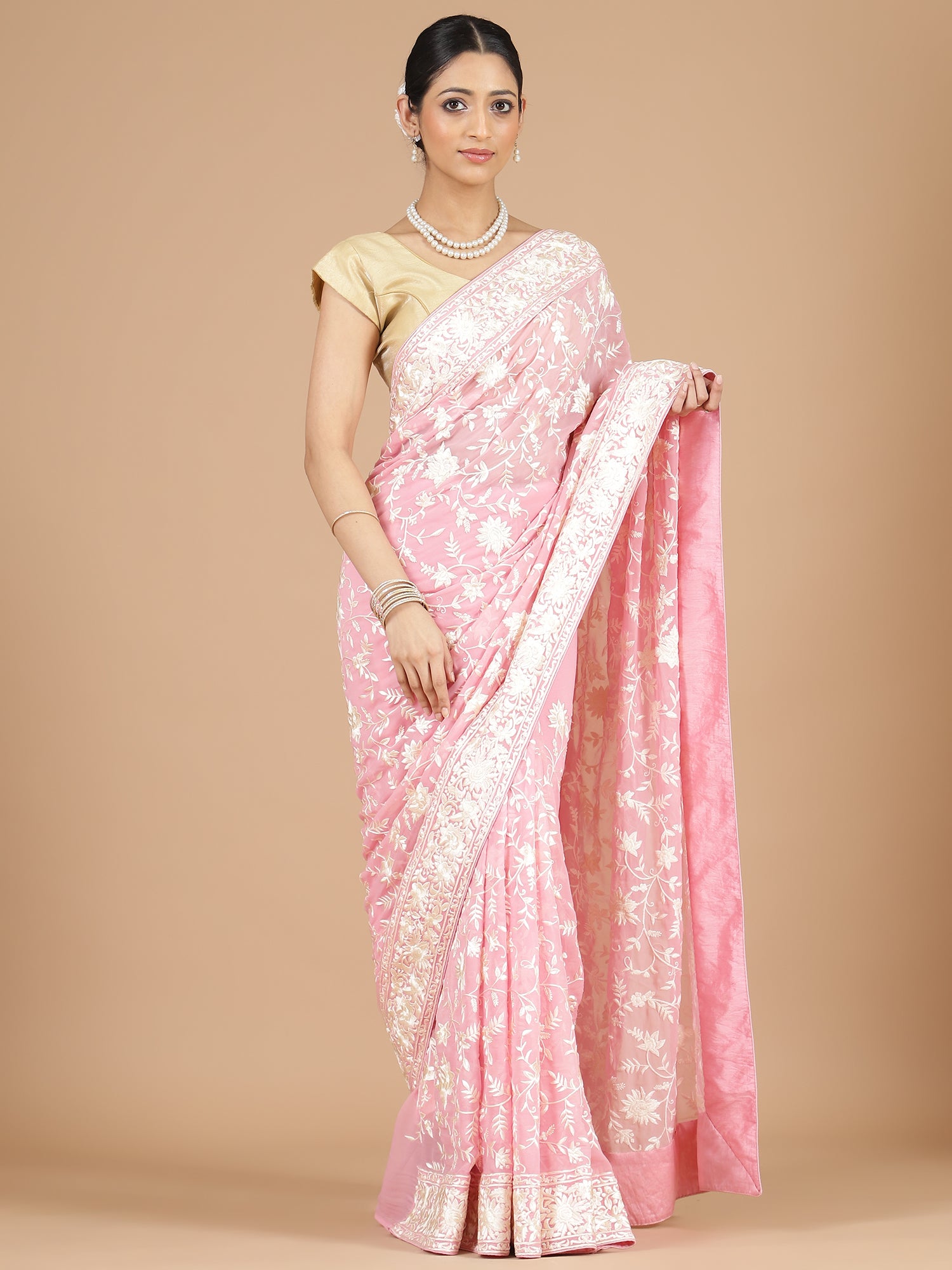 Pink Georgette Saree with Floral Embroidery