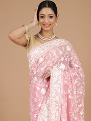 Pink Georgette Saree with Floral Embroidery