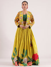 Vibrant Neon Yellow Floral Printed Italian Silk crepe Jacket & Skirt Set