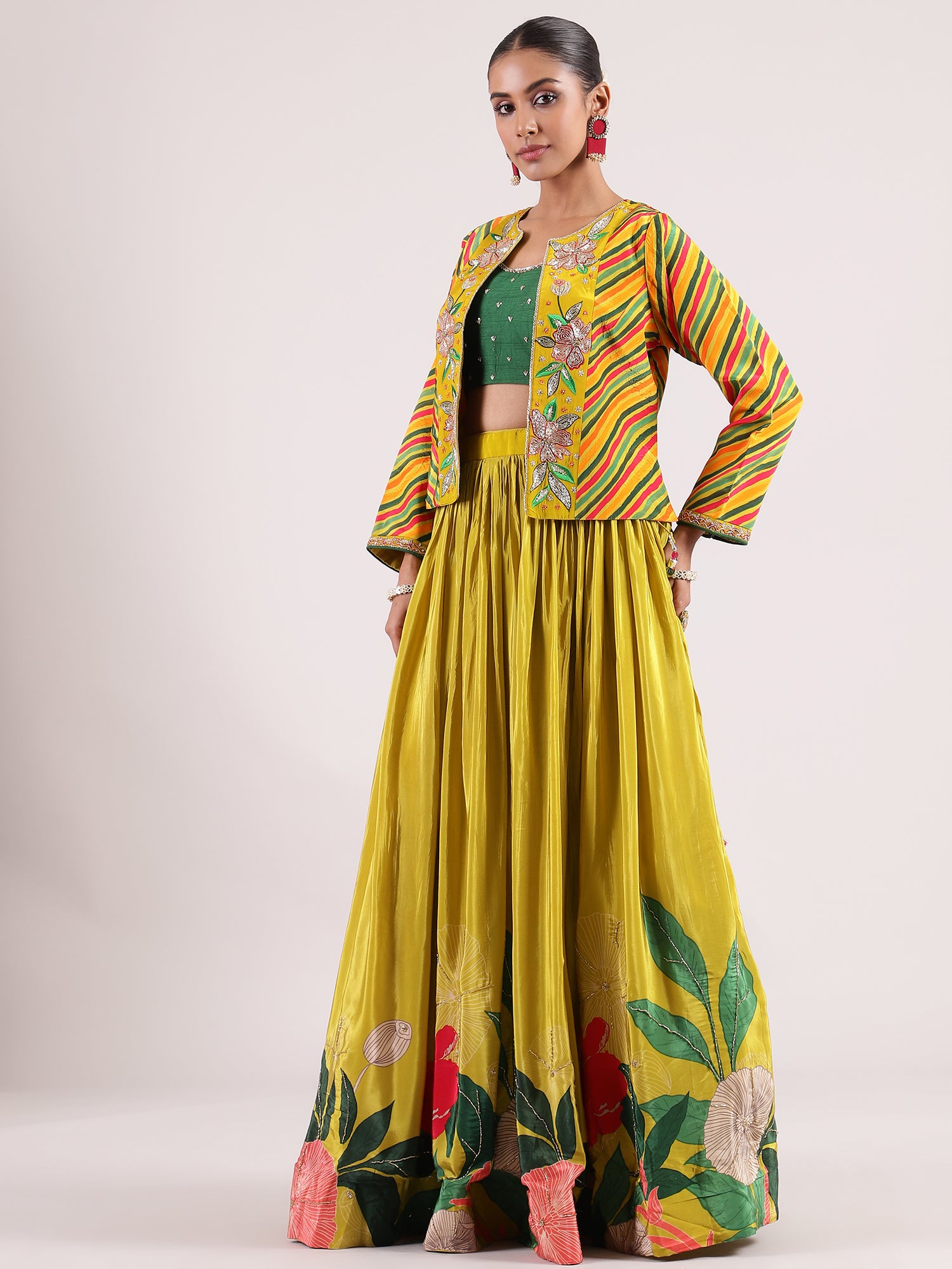 Vibrant Neon Yellow Floral Printed Italian Silk crepe Jacket & Skirt Set