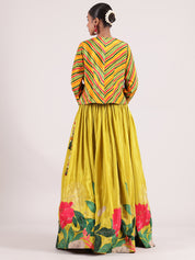 Vibrant Neon Yellow Floral Printed Italian Silk crepe Jacket & Skirt Set