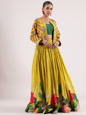 Vibrant Neon Yellow Floral Printed Italian Silk crepe Jacket & Skirt Set