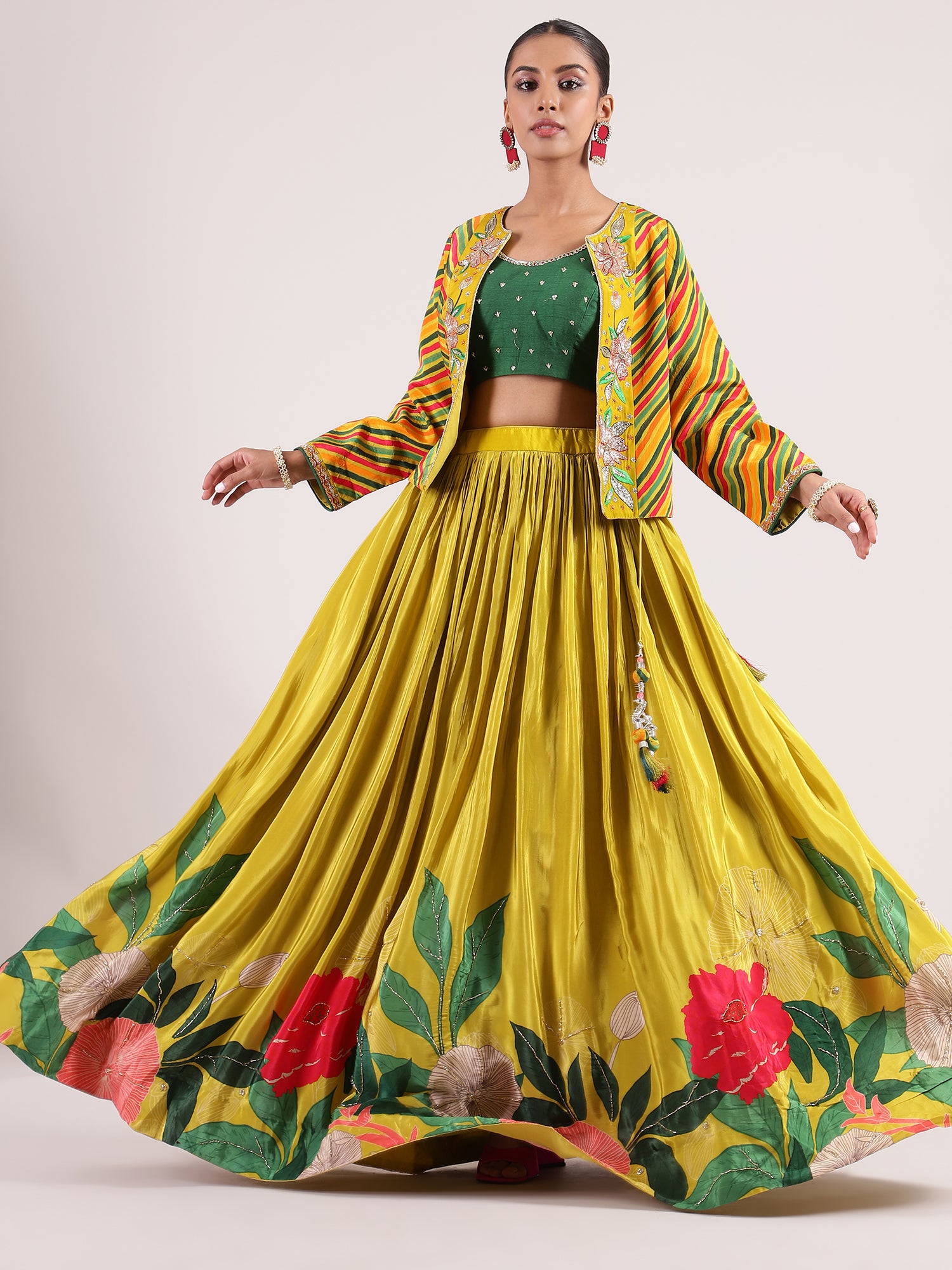 Vibrant Neon Yellow Floral Printed Italian Silk crepe Jacket & Skirt Set