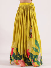 Vibrant Neon Yellow Floral Printed Italian Silk crepe Jacket & Skirt Set