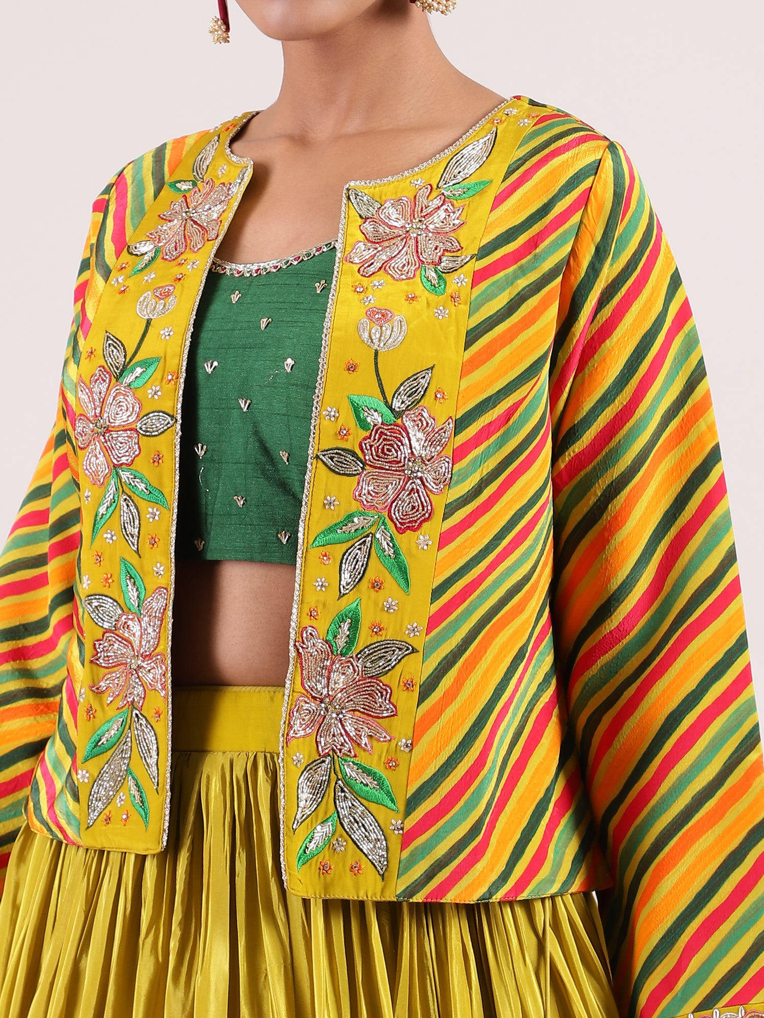 Vibrant Neon Yellow Floral Printed Italian Silk crepe Jacket & Skirt Set