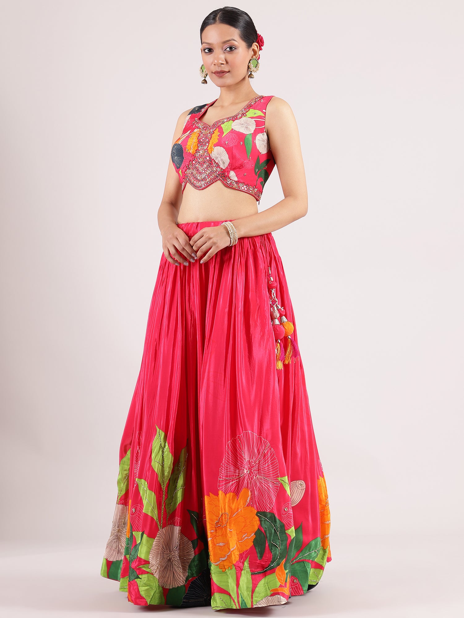 Enchanting Rani Pink Digital Print Silk crepe Lehenga with Sparkling Cutdana Highlights