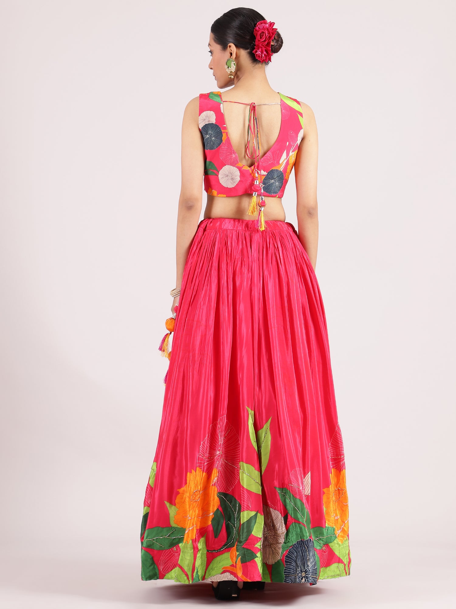 Enchanting Rani Pink Digital Print Silk crepe Lehenga with Sparkling Cutdana Highlights