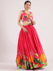 Enchanting Rani Pink Digital Print Silk crepe Lehenga with Sparkling Cutdana Highlights