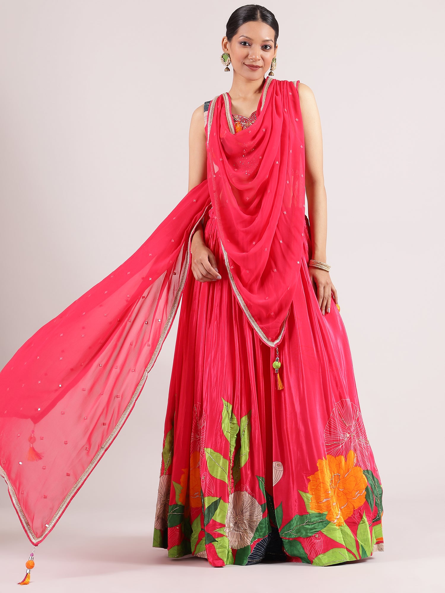 Enchanting Rani Pink Digital Print Silk crepe Lehenga with Sparkling Cutdana Highlights