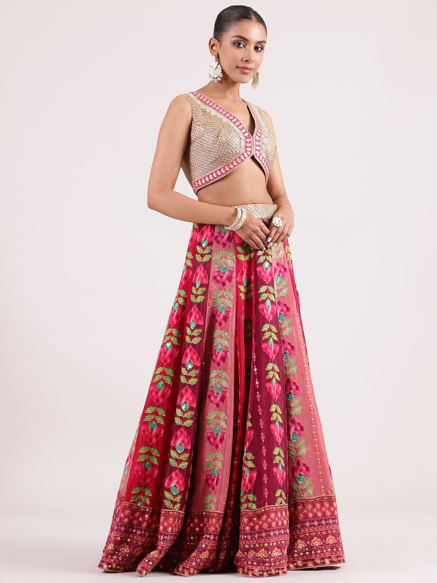 Pink Cotton Applique Lehenga with Brocade Blouse & Kotapatti Embroidery