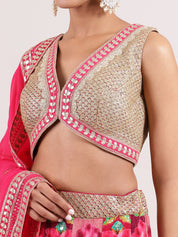 Pink Cotton Applique Lehenga with Brocade Blouse & Kotapatti Embroidery