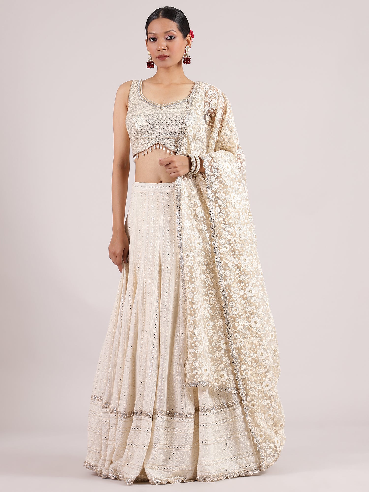 Ethereal Half-White Chikankari Mirror Work Lehenga with Sequins Blouse & Floral Dupatta