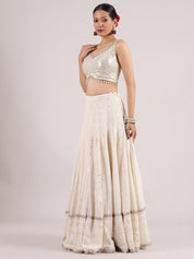 Ethereal Half-White Chikankari Mirror Work Lehenga with Sequins Blouse & Floral Dupatta