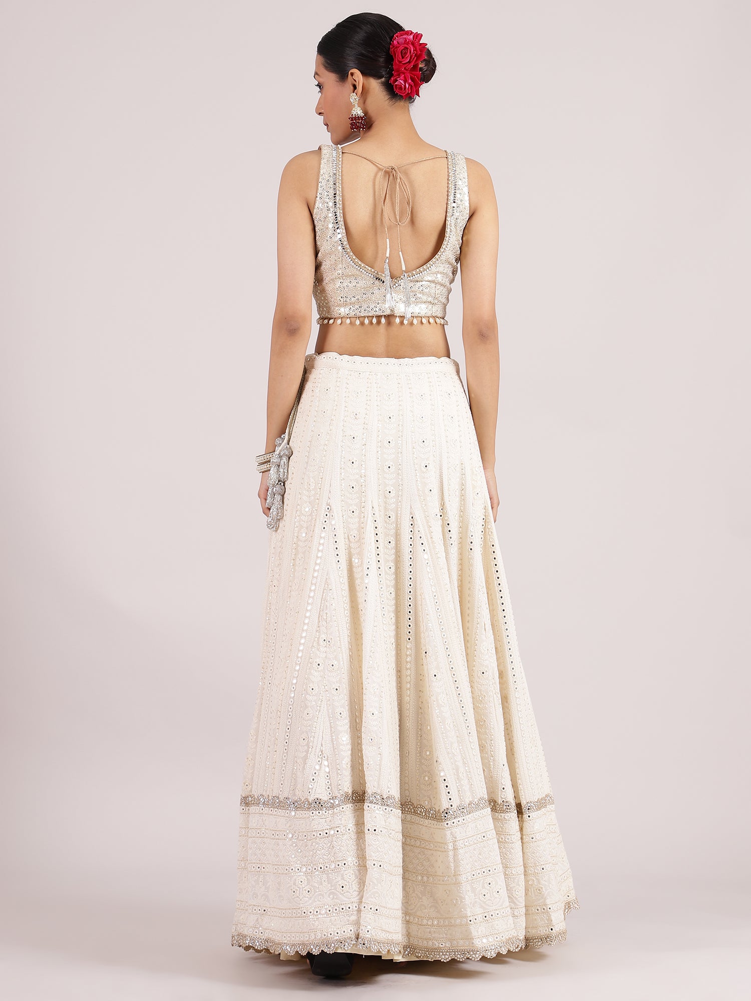 Ethereal Half-White Chikankari Mirror Work Lehenga with Sequins Blouse & Floral Dupatta