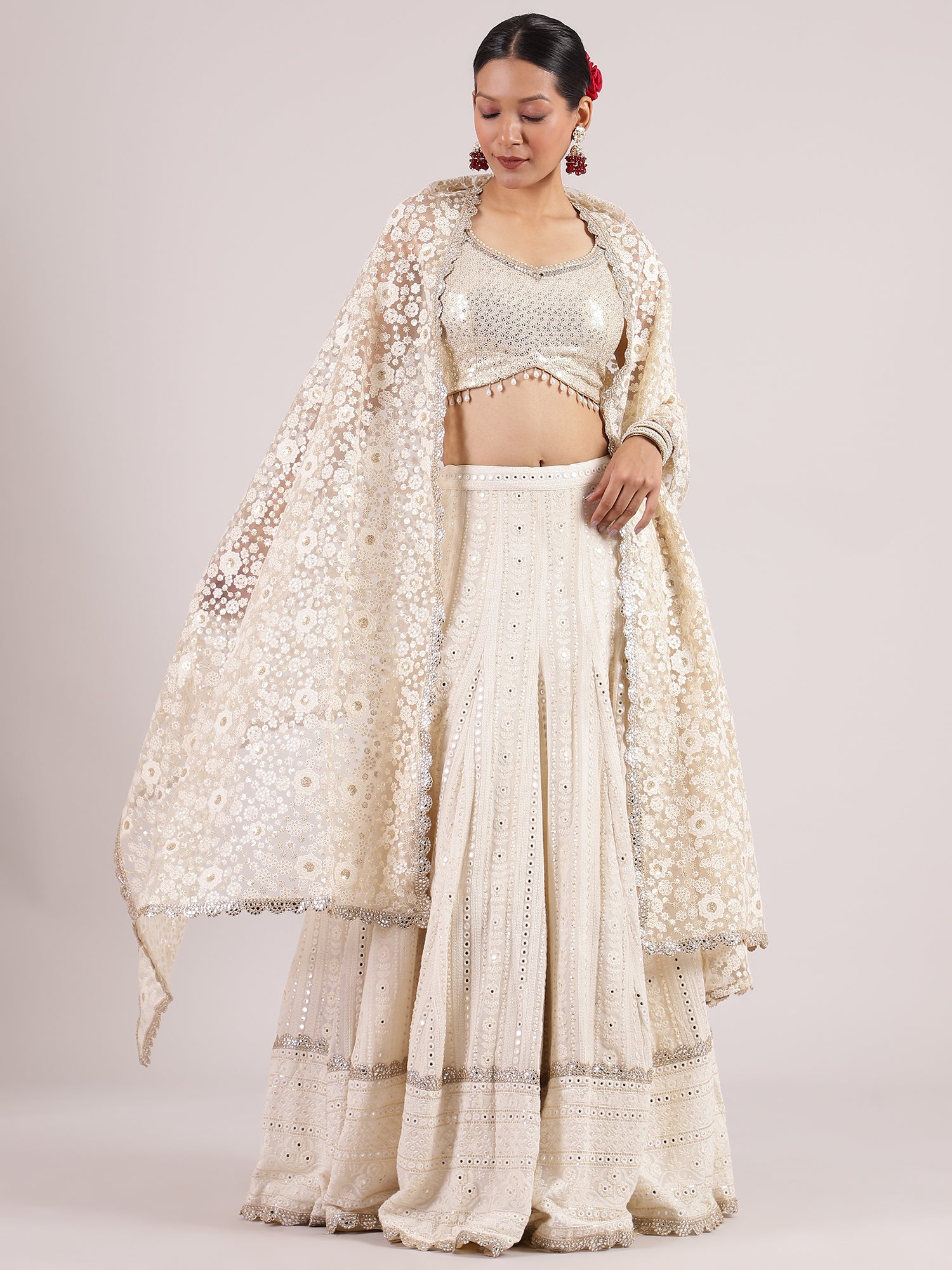 Ethereal Half-White Chikankari Mirror Work Lehenga with Sequins Blouse & Floral Dupatta