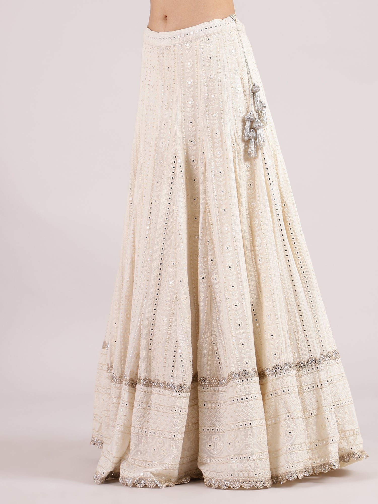 Ethereal Half-White Chikankari Mirror Work Lehenga with Sequins Blouse & Floral Dupatta