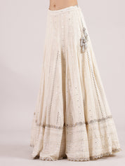 Ethereal Half-White Chikankari Mirror Work Lehenga with Sequins Blouse & Floral Dupatta