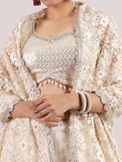 Ethereal Half-White Chikankari Mirror Work Lehenga with Sequins Blouse & Floral Dupatta