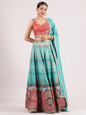 Stunning Turquoise Blue Banarasi Lehenga with Contrast Orange Embroidered Blouse