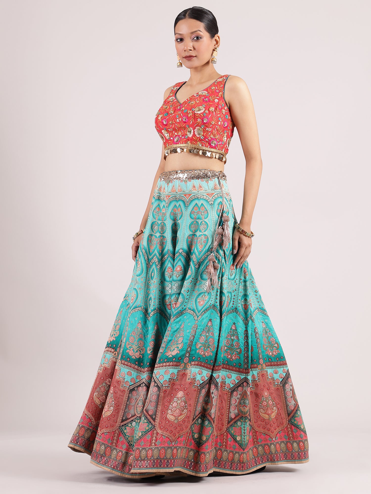 Stunning Turquoise Blue Banarasi Lehenga with Contrast Orange Embroidered Blouse