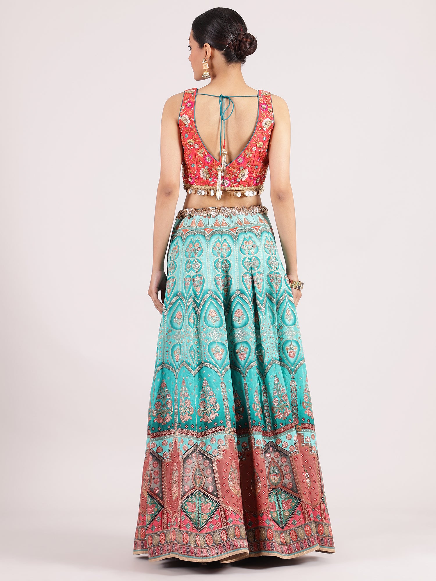 Stunning Turquoise Blue Banarasi Lehenga with Contrast Orange Embroidered Blouse