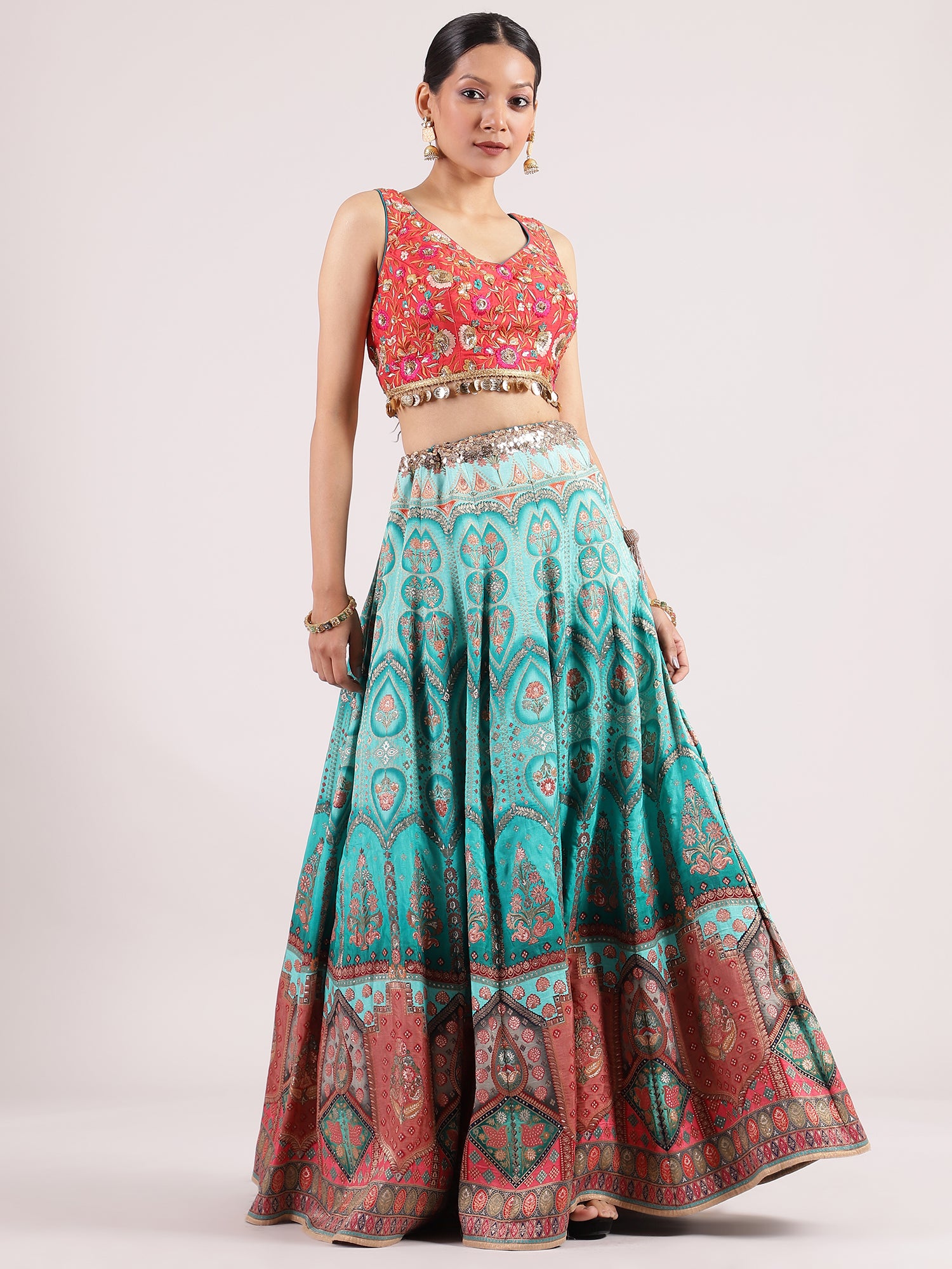 Stunning Turquoise Blue Banarasi Lehenga with Contrast Orange Embroidered Blouse