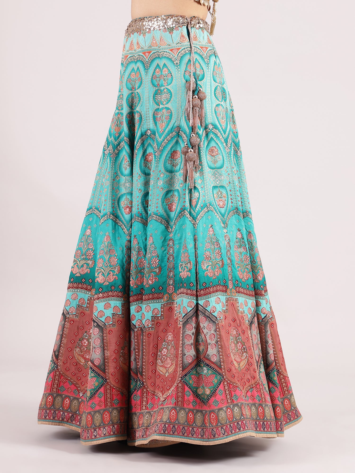 Stunning Turquoise Blue Banarasi Lehenga with Contrast Orange Embroidered Blouse