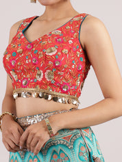 Stunning Turquoise Blue Banarasi Lehenga with Contrast Orange Embroidered Blouse