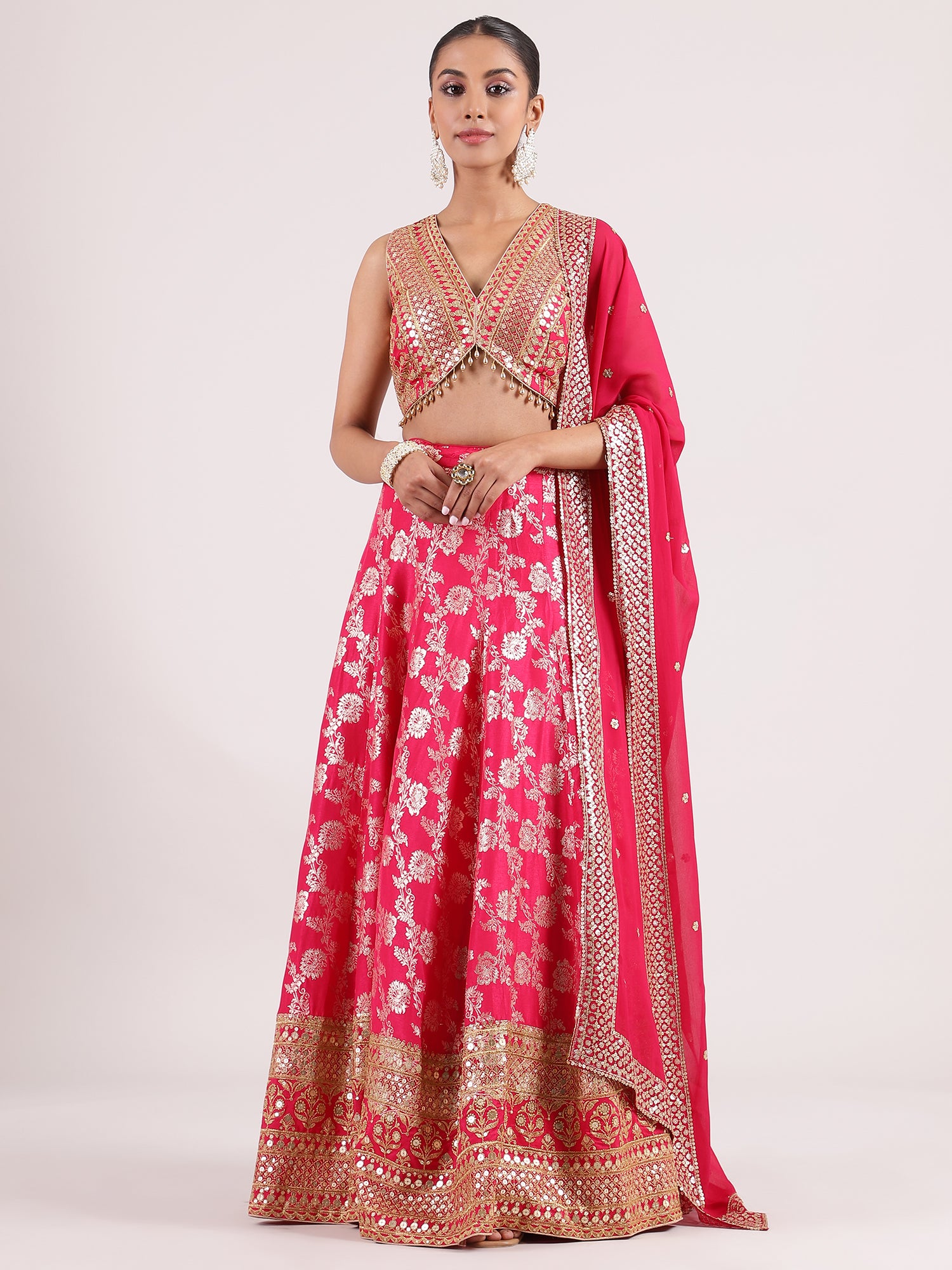 Hot Pink Banarasi Lehenga with Brocade Sequence Blouse