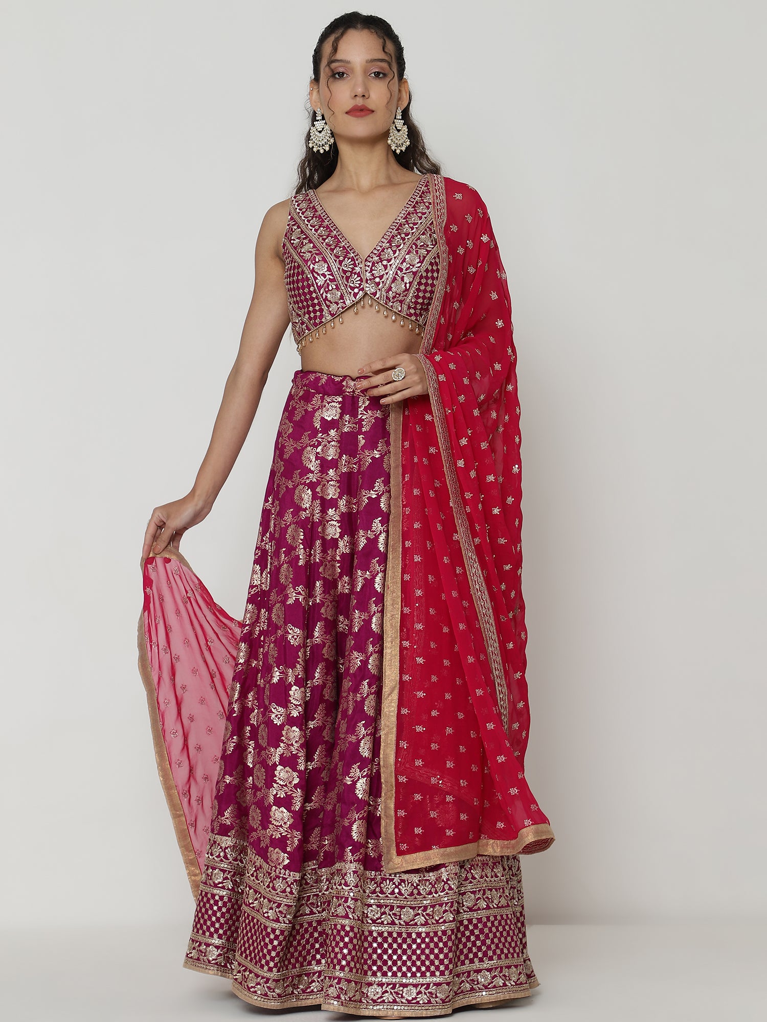 Maroon Banarasi Lehenga with Brocade Sequence Blouse