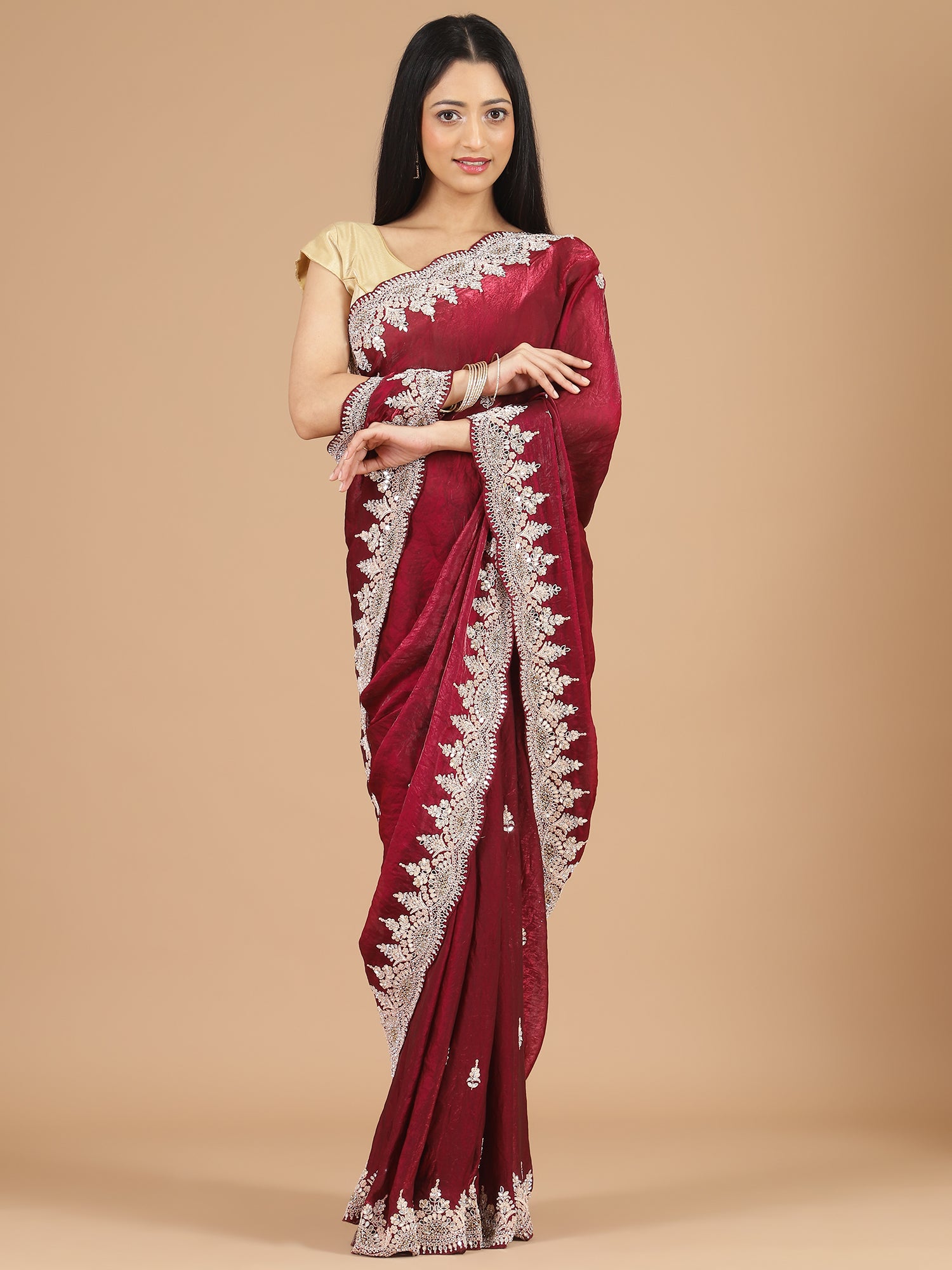 Red Glass Tissue Saree with Sequence Scallop Border