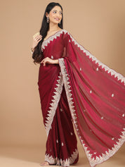 Red Glass Tissue Saree with Sequence Scallop Border