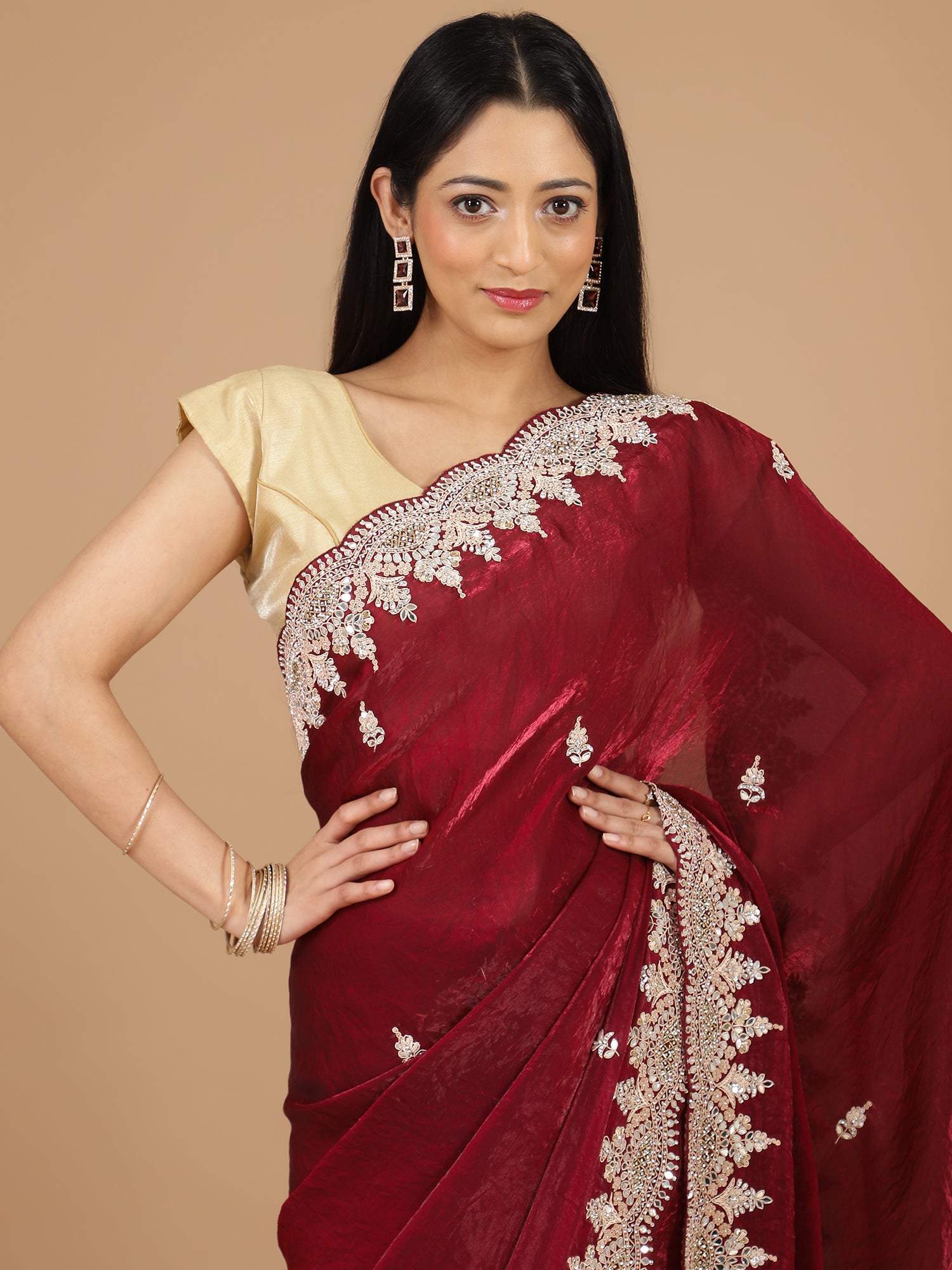 Red Glass Tissue Saree with Sequence Scallop Border