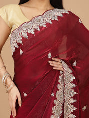 Red Glass Tissue Saree with Sequence Scallop Border