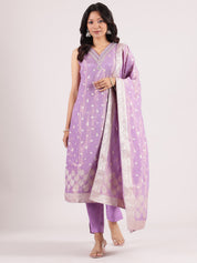 Graceful Lilac Banarasi V-Neck Salwar Suit with Matching Dupatta